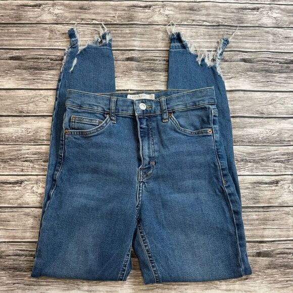 TopShop Women's Jamie Distressed Raw Hem Skinny Blue Denim Jeans 26 W26 L30 Zip - Picture 1 of 12